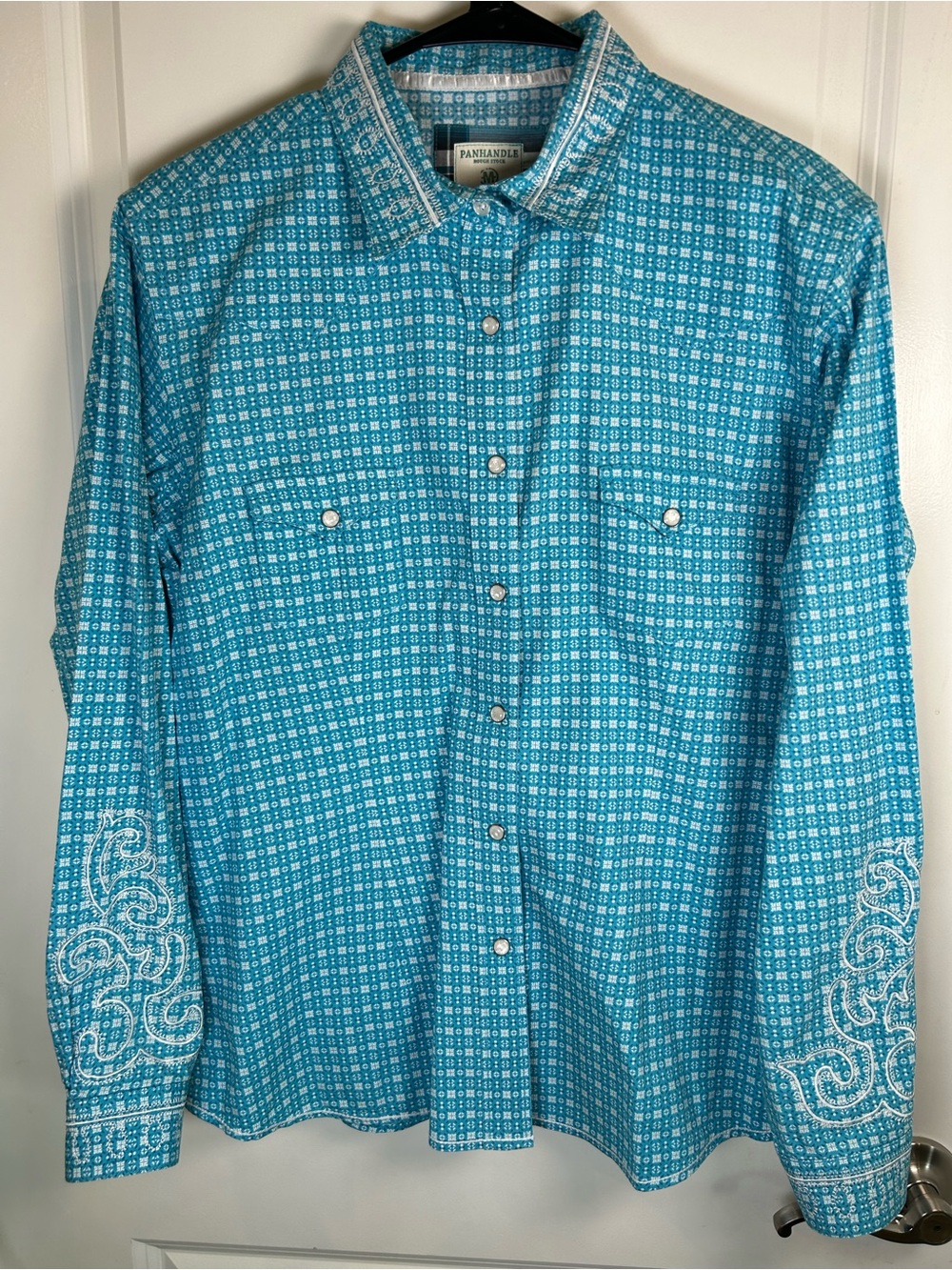 Panhandle ROUGH STOCK TURQUOISE GEO PRINT LONG SLEEVE Embroidered Shirt Medium